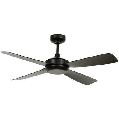 Ein schwarzer Deckenventilator mit vier flachen Flügeln, montiert an einer kurzen Stange.