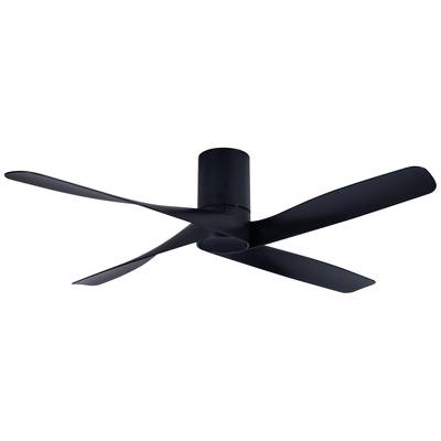Schwarzer Deckenventilator mit vier leicht gebogenen Flügeln, die an einem schlichten, zylindrischen Zentralmotor befestigt sind.