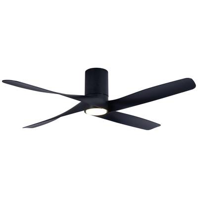 Schwarzer Deckenventilator mit vier flachen Flügeln und integrierter Deckenleuchte im Zentrum. Minimalistisches Design.