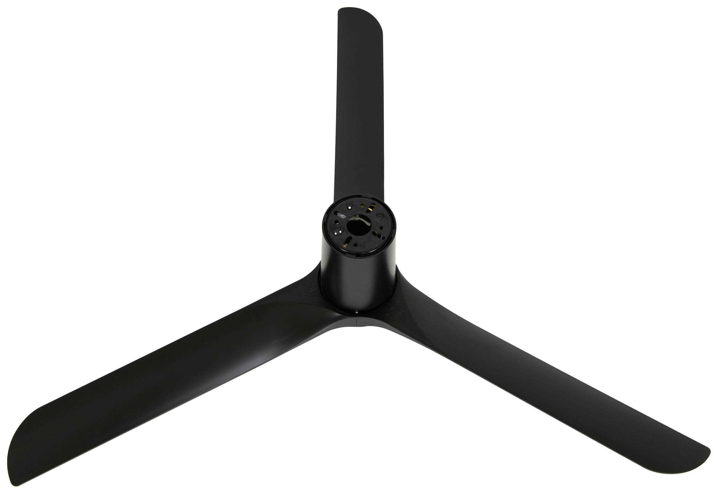 Schwarzer dreiflügeliger Ventilator im oberen Winkel, auf weißem Hintergrund.