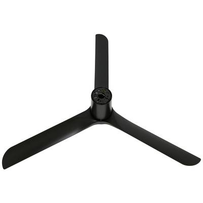 Schwarzer dreiflügeliger Ventilator im oberen Winkel, auf weißem Hintergrund.