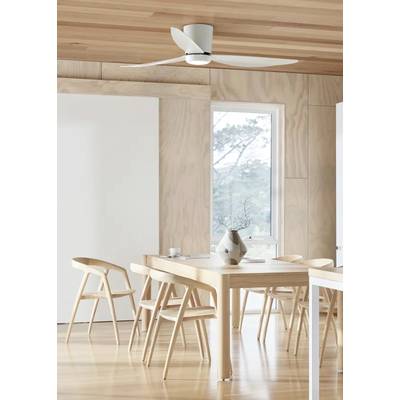 Helles Esszimmer mit Holztisch und Stühlen, Vase mit Zweig auf dem Tisch, großer Ventilator an der Holzdecke, Fenster im Hintergrund.