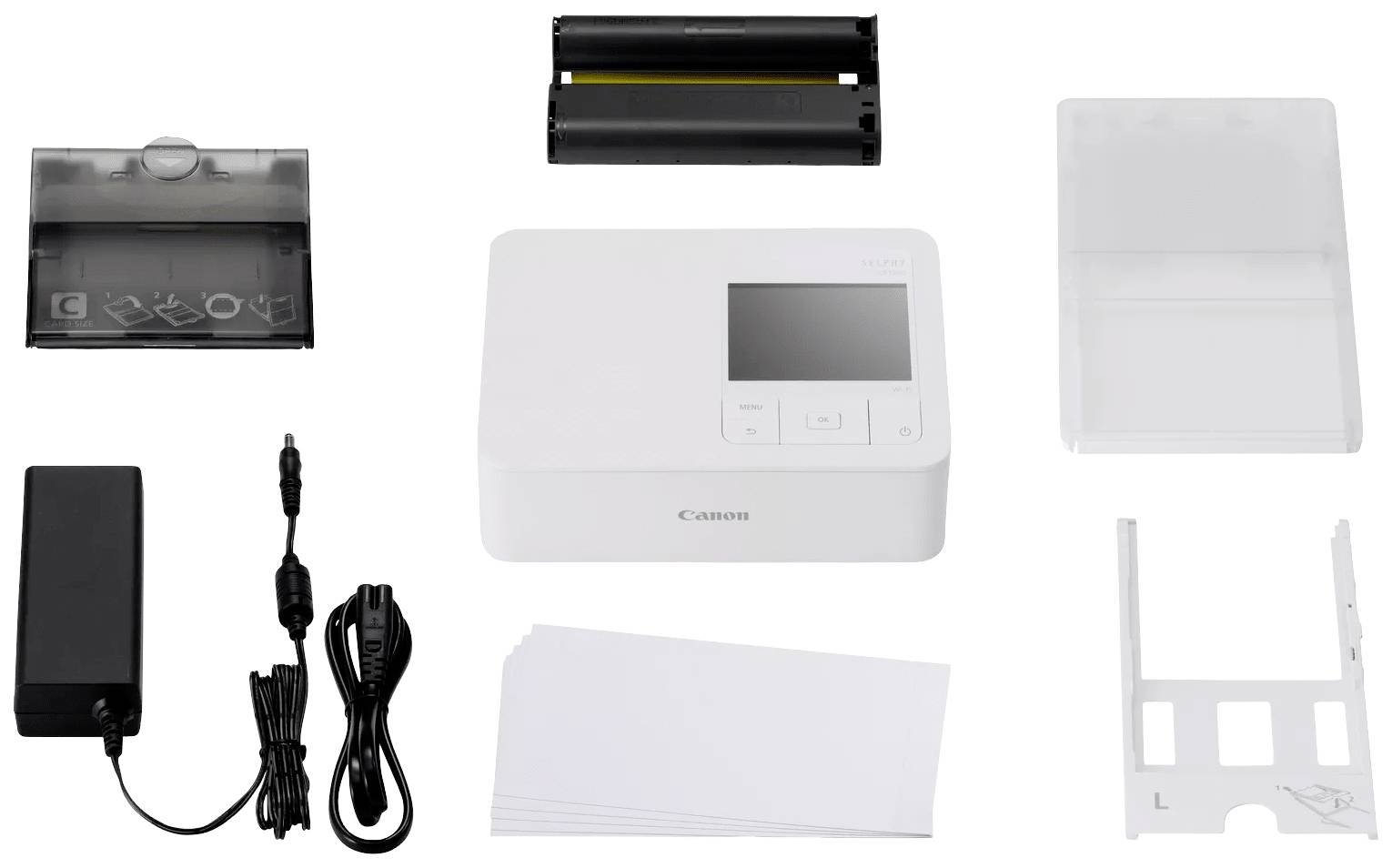 Canon Drucker-Set mit Drucker, Netzteil, Kabeln, Papier, Kassette und Hülle. Ideal für Fotodrucke und tragbare Anwendungen.