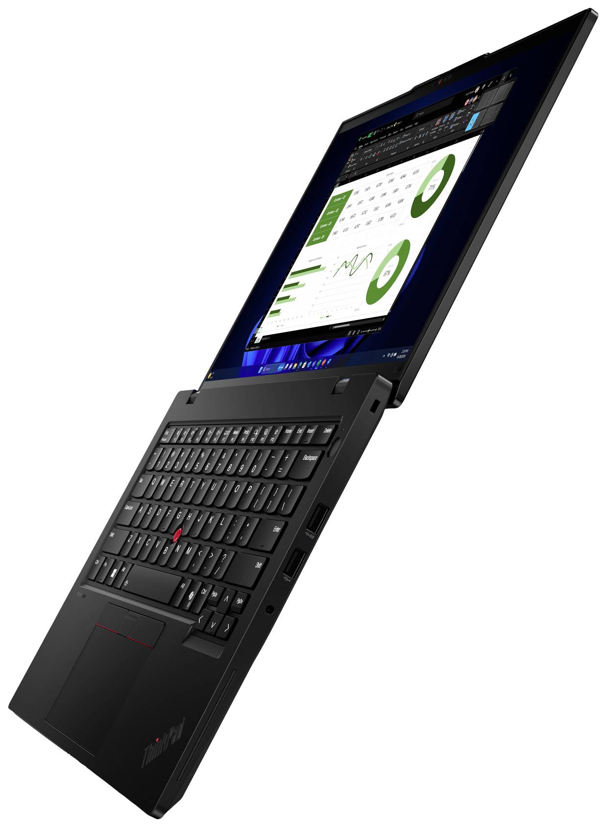 Dieser Laptop, geöffnet im 90-Grad-Winkel, zeigt ein Dashboard mit Diagrammen und Graphen auf dem Bildschirm.