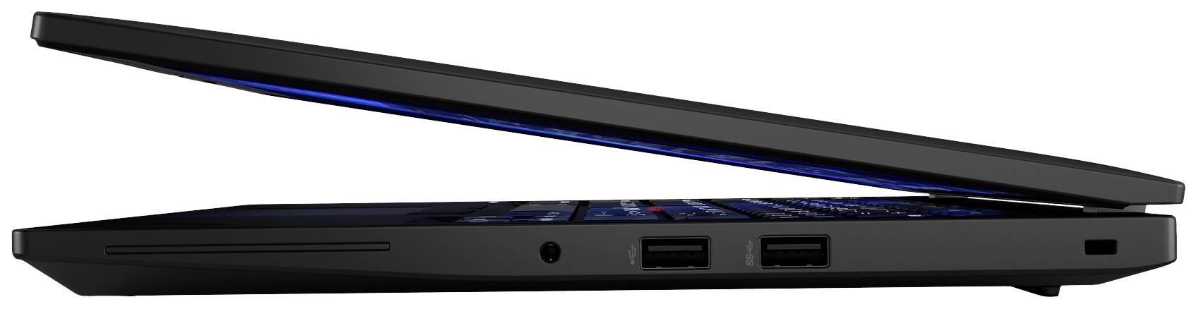 Ein teilweise geöffneter Laptop von der Seite gesehen, mit zwei USB-Anschlüssen sichtbar. Dünnes Design, modern und schlank.