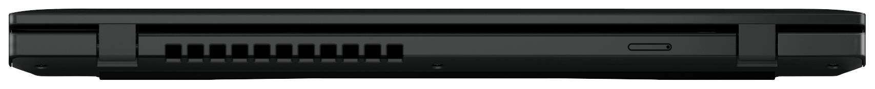 Seitenansicht eines schwarzen Laptops, geschlossen, mit sichtbaren Lüftungsschlitzen.