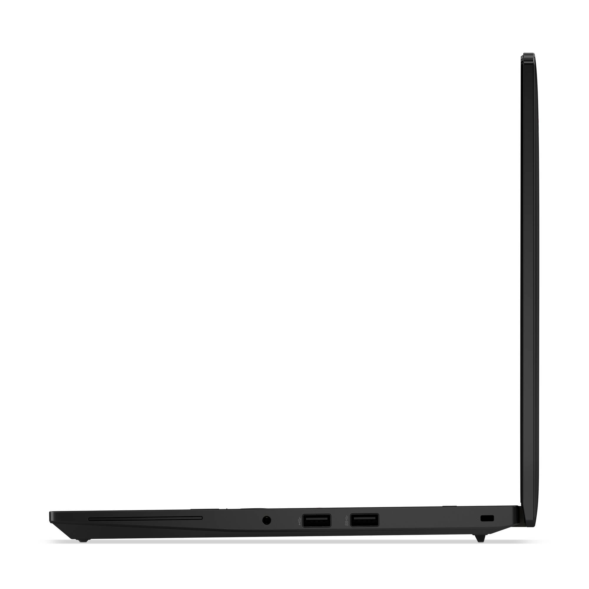 Ein seitlich geöffneter Laptop zeigt die minimalistische und schlanke Bauweise. Zwei USB-Ports sind an der Seite sichtbar.
