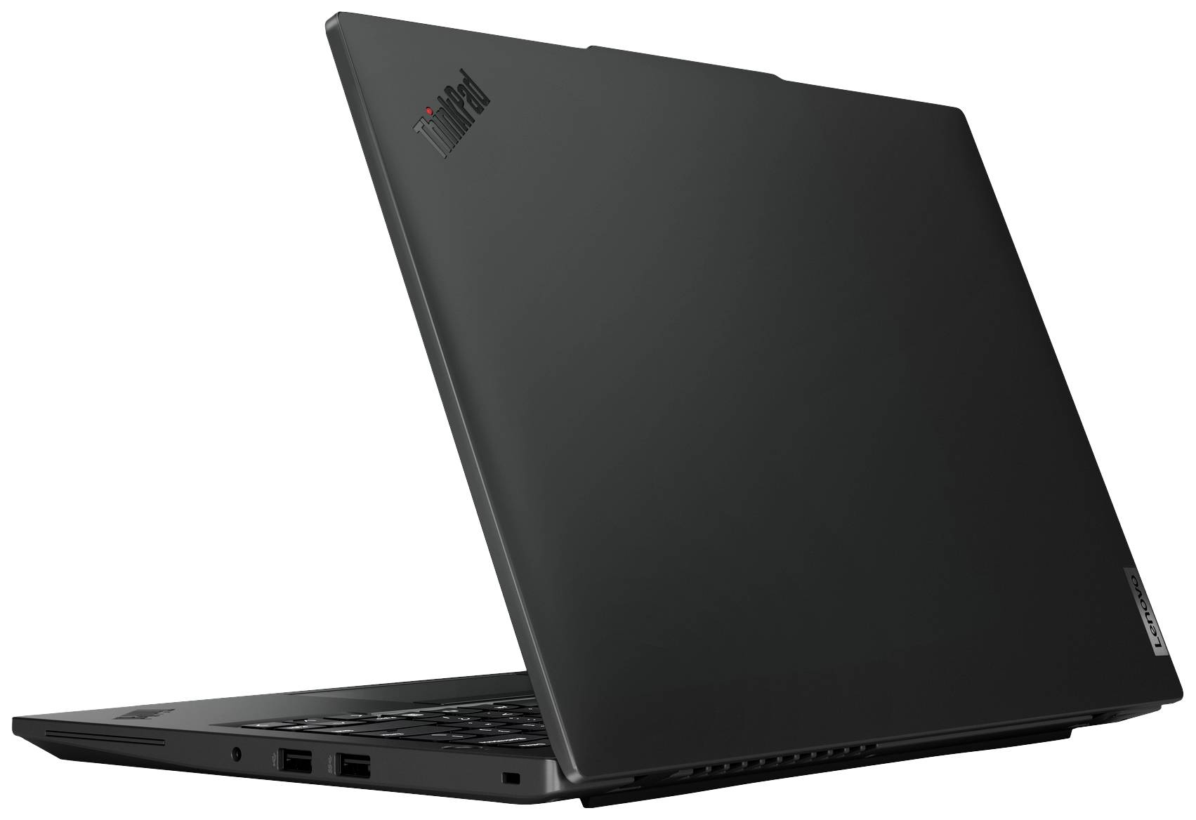 Ein schwarzes Laptop der Marke ThinkPad von Lenovo, halb geöffnet, zeigt die Rückseite und einige Anschlüsse an der Seite.