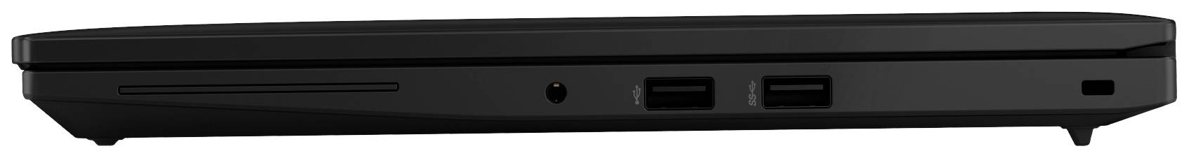 Schwarzer Laptop von der Seite mit zwei USB-Anschlüssen und einem Audioanschluss erkennbar.