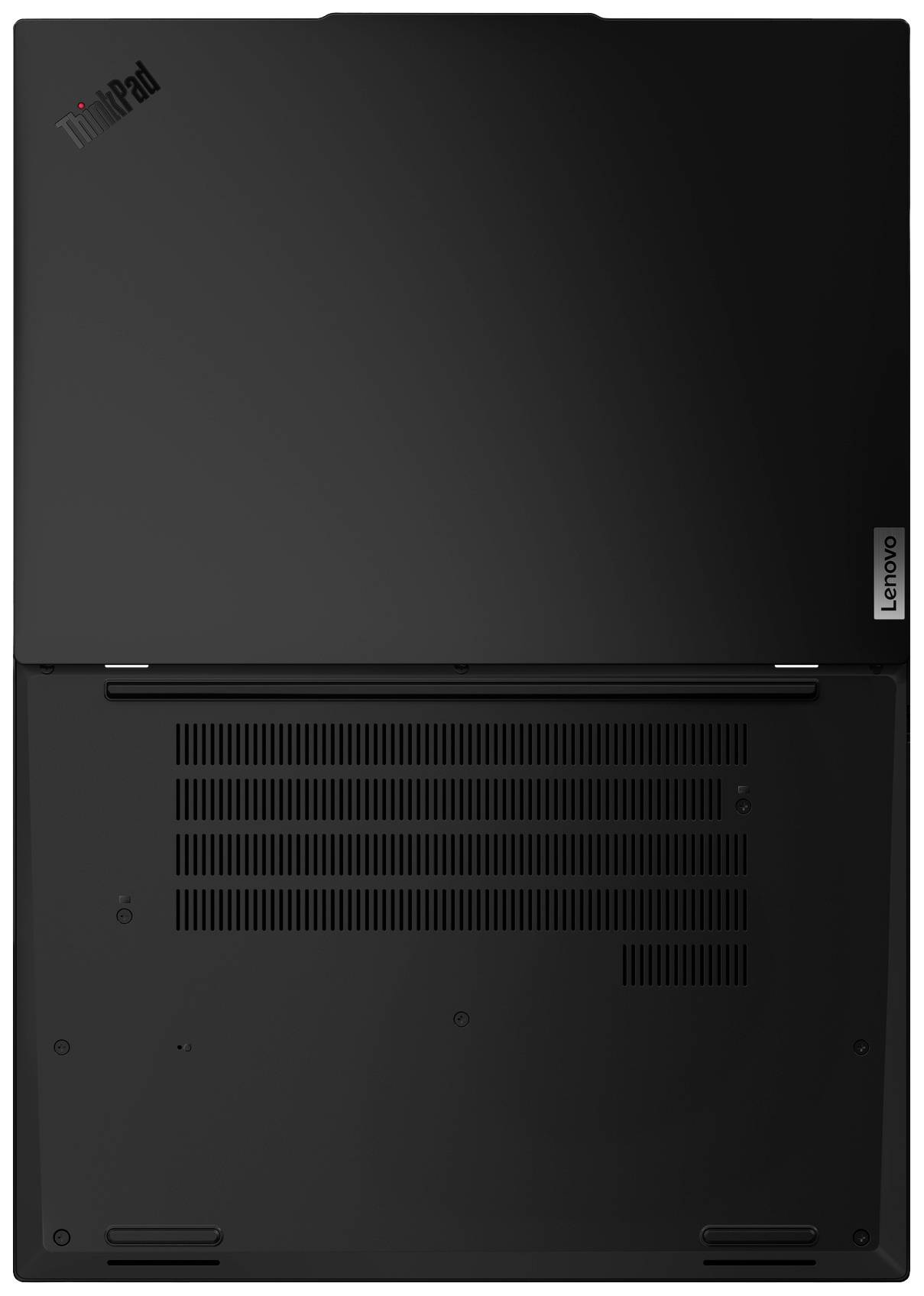 Rückseite eines schwarzen Laptops mit Lüftungsschlitzen und Lenovo-Logo.