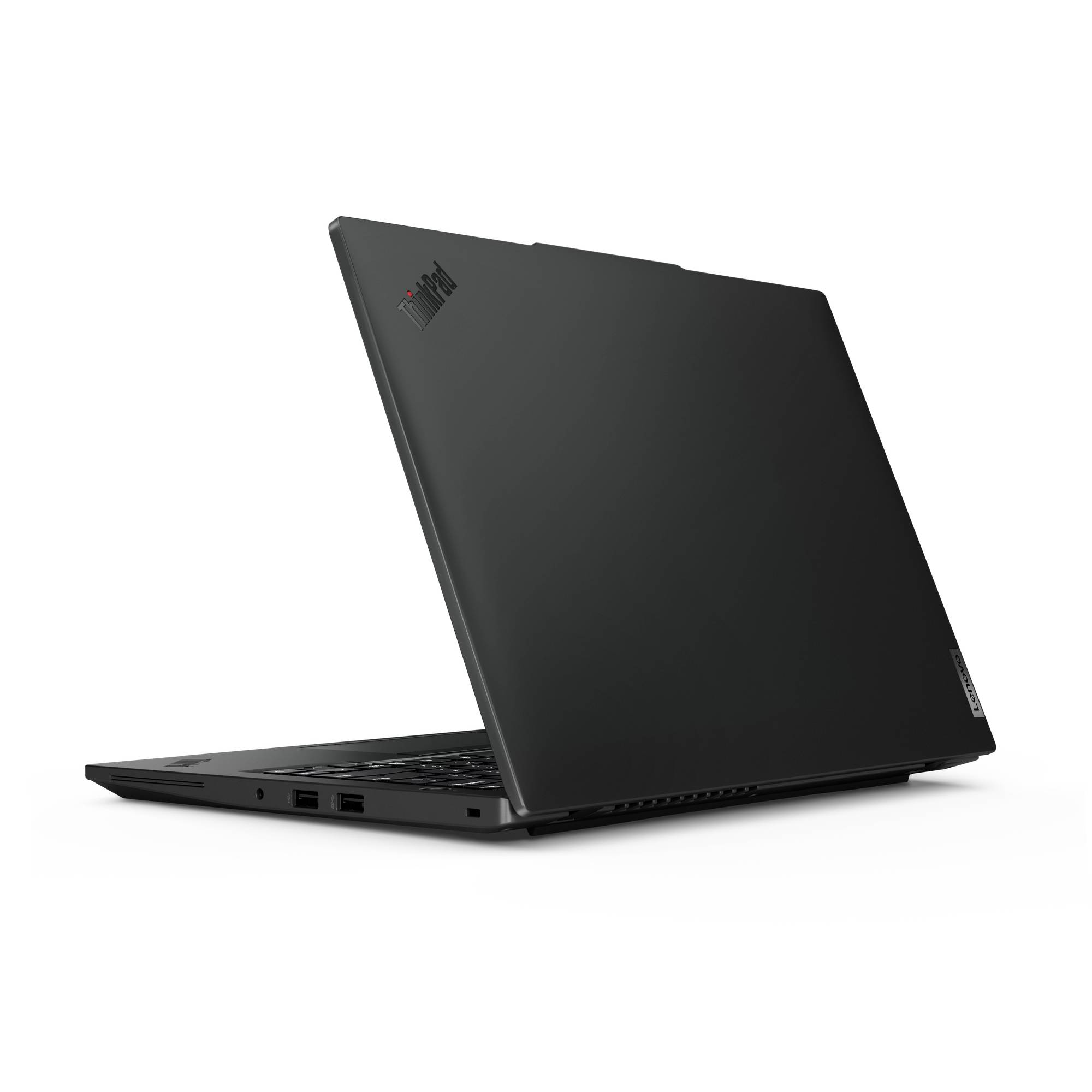 Ein schwarzer Laptop, leicht geöffnet, auf weißem Hintergrund. Er hat ein minimalistisches Design mit einem erkennbaren Logo.