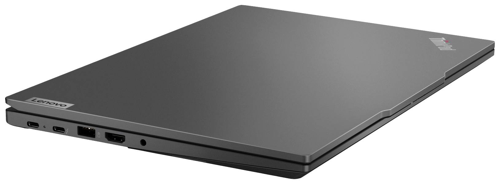 Geschlossener, schwarzer Laptop von der Seite gezeigt, mit sichtbaren Anschlüssen.