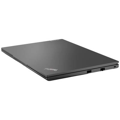 Geschlossener Laptop in schwarzem Design, dünn und modern, mit sichtbarem Markenlogo. Flach auf einer Oberfläche liegend.