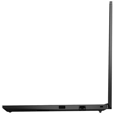 Ein schwarzer Laptop in Seitenansicht, aufgeklappt, zeigt die schlichte Bauweise und einen USB- sowie Ethernet-Anschluss auf der linken Seite.