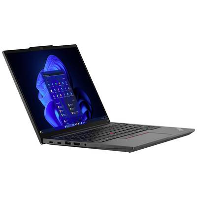 Ein aufgeklappter Laptop mit eingeschaltetem Bildschirm, auf dem das Windows-Startmenü angezeigt wird. Tastatur mit rotem Trackpoint.