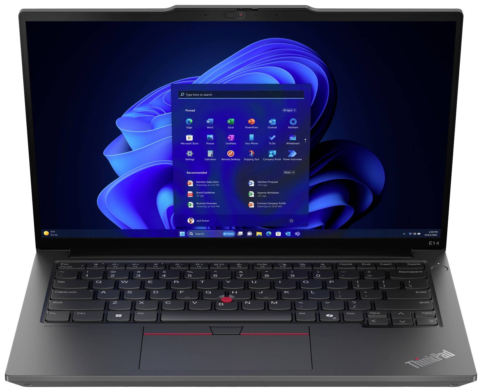 Ein geöffneter Laptop mit Windows 11 Startmenü auf dem Bildschirm. Der Laptop ist schwarz und zeigt das typische Windows-Hintergrundbild.