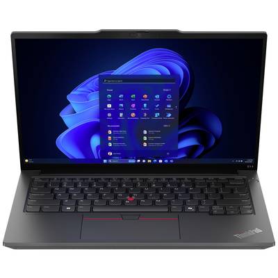Ein geöffneter Laptop mit Windows 11 Startmenü auf dem Bildschirm. Der Laptop ist schwarz und zeigt das typische Windows-Hintergrundbild.