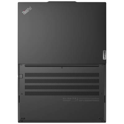 Rückansicht eines Lenovo ThinkPad-Laptops, geschlossen, zeigt das matte, schwarze Gehäuse mit Logos.