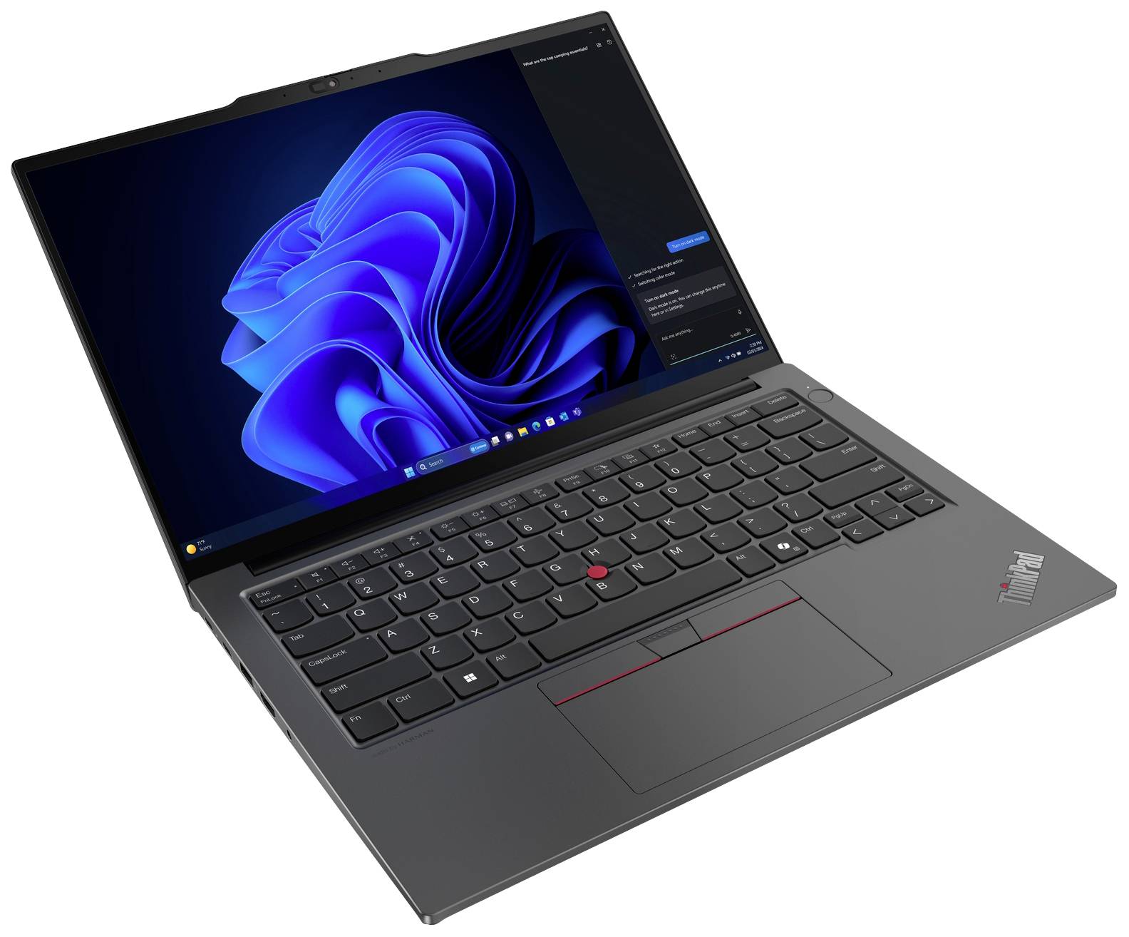 Ein aufgeklappter Laptop zeigt einen Bildschirm mit abstraktem blauen Hintergrundbild und schwarzer Tastatur.