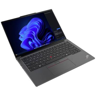 Ein aufgeklappter Laptop zeigt einen Bildschirm mit abstraktem blauen Hintergrundbild und schwarzer Tastatur.