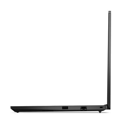 Ein ultradünner Laptop, seitlich gesehen, im geöffneten Zustand. Zeigt Anschlüsse und schlankes Design.