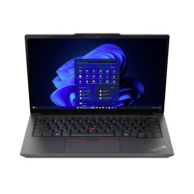 Ein Laptop mit geöffnetem Bildschirm zeigt den Windows-Startbildschirm. Die Tastatur ist sichtbar, das Gerät hat ein schwarzes Design.
