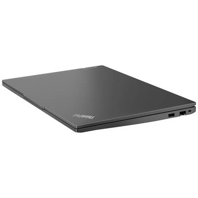 Ein geschlossenes, schlankes schwarzes Laptop mit ThinkPad-Logo in der Ecke. Zeigt die kompakte Bauweise und Design auf einer weißen Fläche.