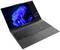 Laptop mit schwarzer Tastatur und geöffnetem Bildschirm, zeigt Windows 11-Startbildschirm mit blauem Hintergrund, schwarzes Trackpad vorne.
