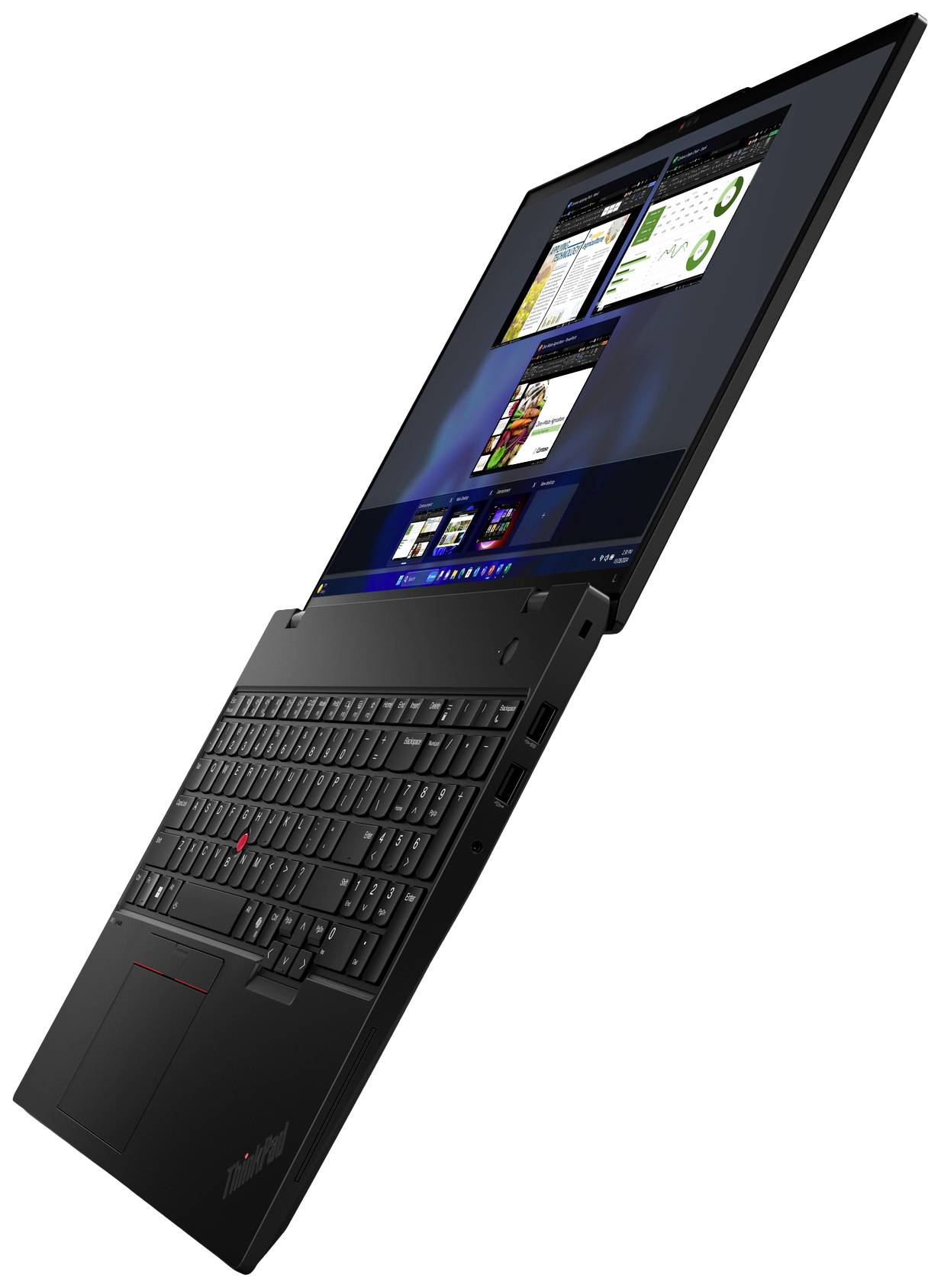 Ein aufgeklappter schwarzer Laptop, bei dem die Tastatur und ein Bildschirm mit geöffneten Programmen sichtbar sind.