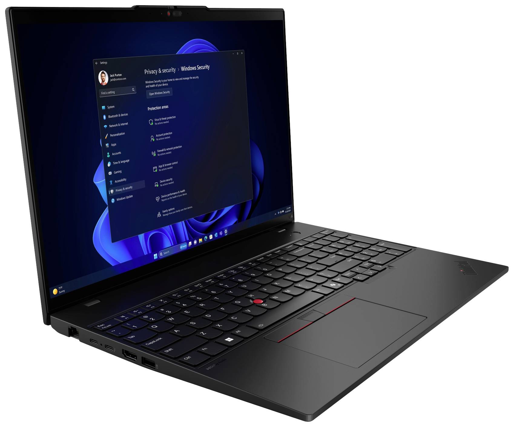 Laptop mit geöffnetem Bildschirm zeigt Windows-Sicherheitsfenster an. Schwarz, modernes Design, Tastatur mit rotem Trackpoint.