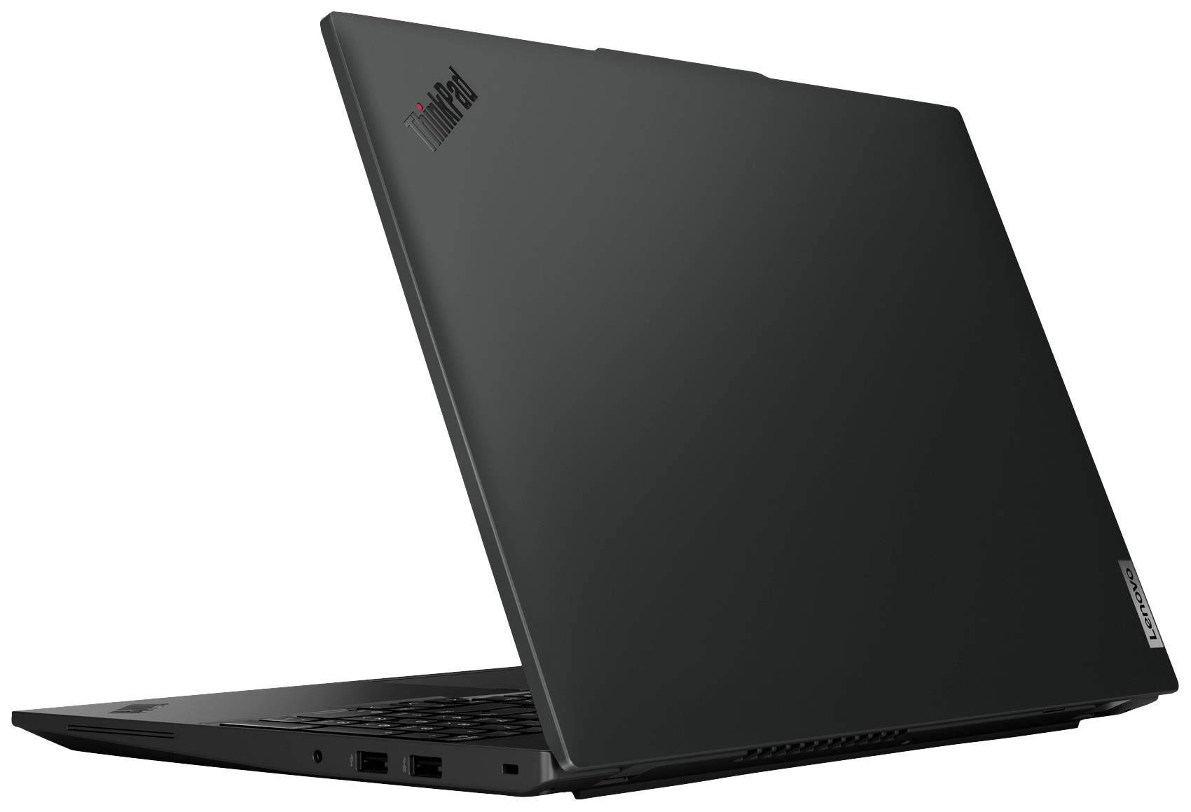 Ein geschlossenes schwarzes Laptop mit dem Logo 'ThinkPad' auf dem Deckel. Es zeigt die hintere und seitliche Ansicht des Geräts.