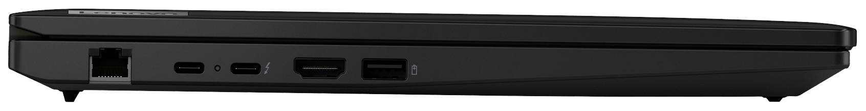 Laptop von der Seite mit mehreren Anschlüssen, einschließlich USB- und HDMI-Ports, auf schwarzem Hintergrund.