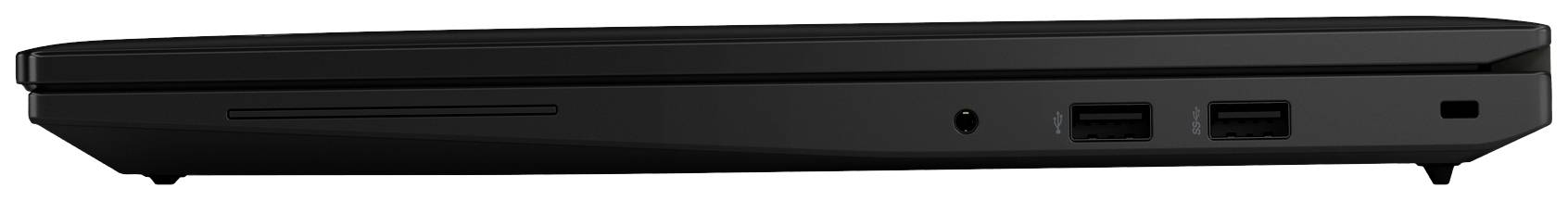 Schwarzer Laptop seitlich dargestellt mit zwei USB-Anschlüssen und einem Kopfhöreranschluss.