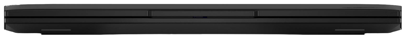 Ein geschlossenes, schwarzes Laptop, Ansicht von vorne, zeigt keine Marken oder Logos.