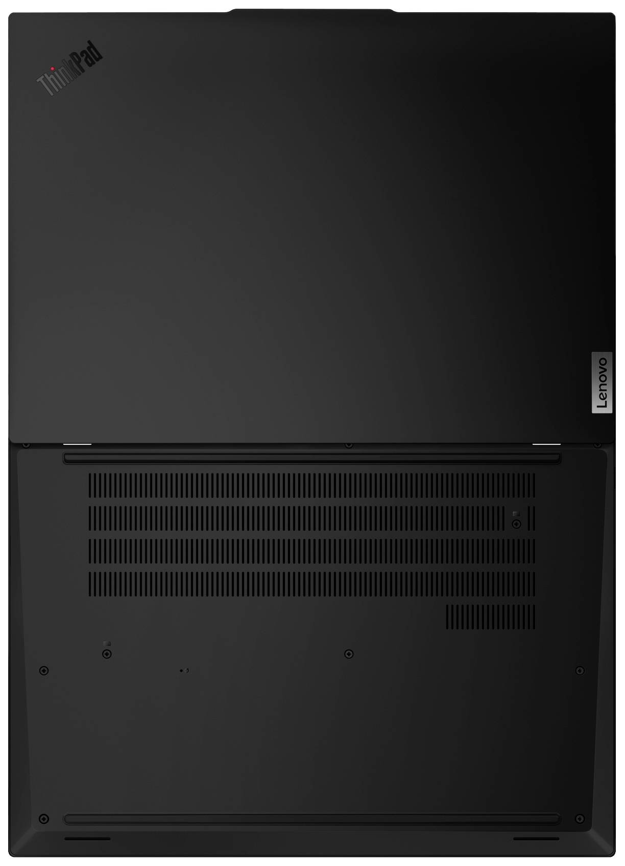 Rückseite eines Laptops, vermutlich ein Lenovo ThinkPad. Sichtbar sind Lüftungsschlitze und Markenlogos.