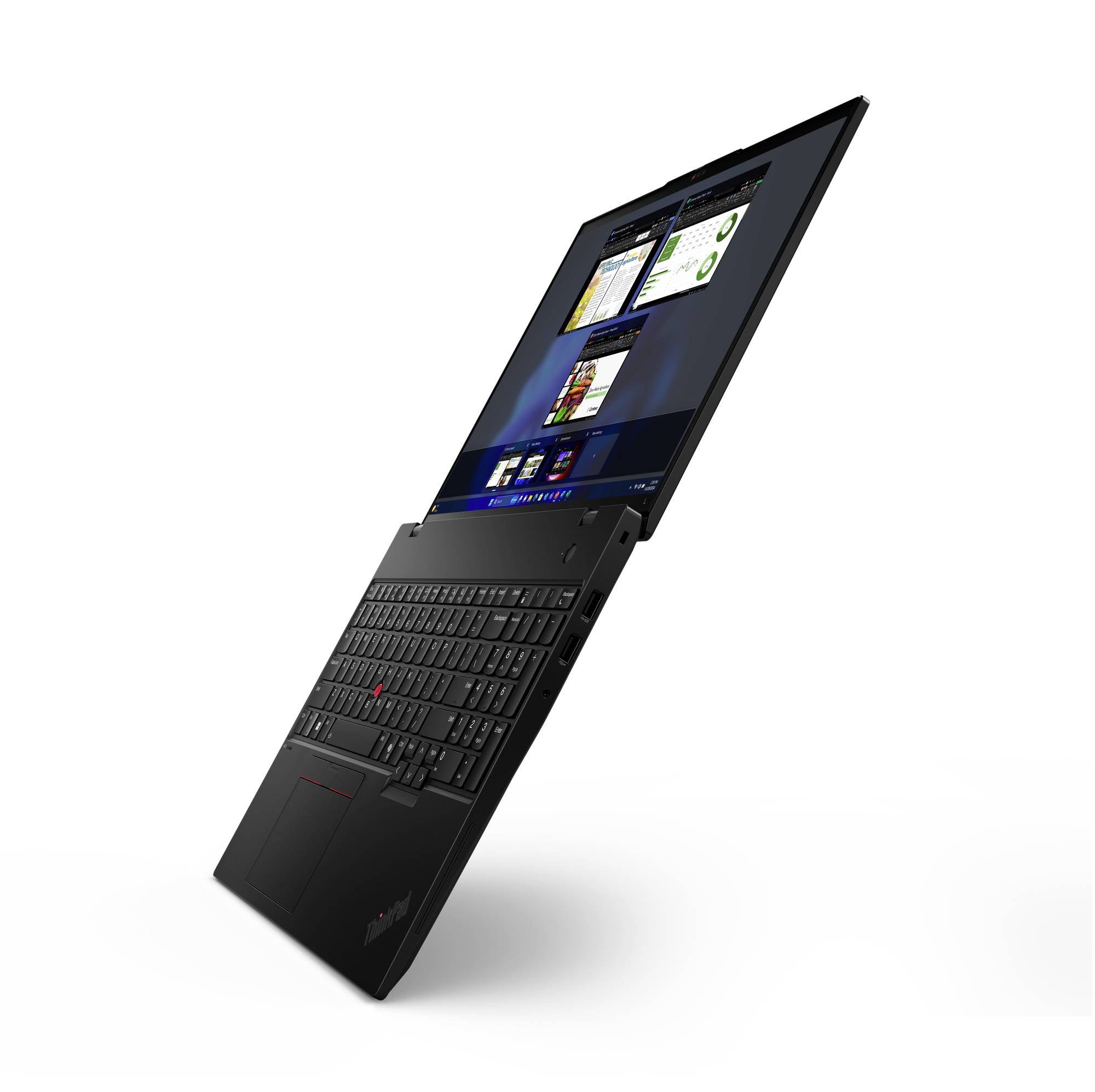 Ein schwarzer Laptop mit geöffnetem Bildschirm, der mehrere geöffnete Fenster anzeigt. Die Tastatur ist sichtbar, das Design ist schlank.