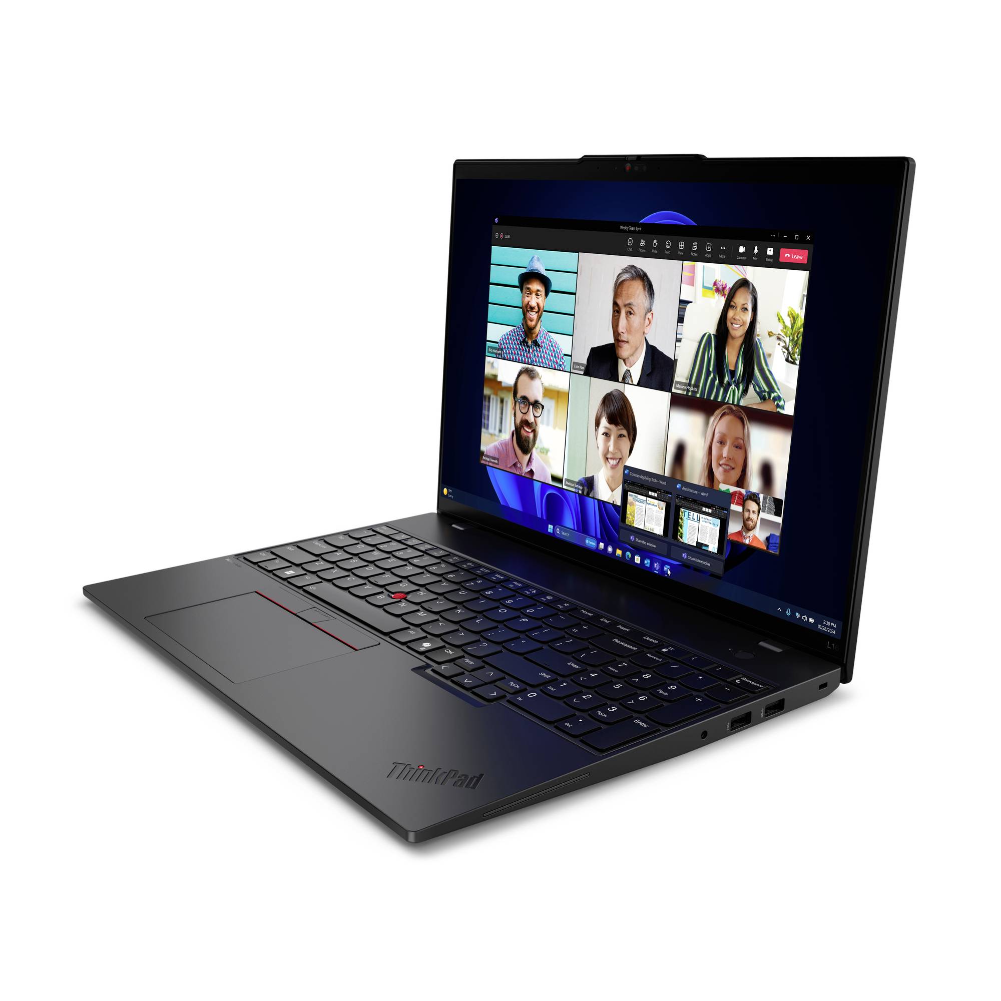 Ein geöffneter Laptop zeigt ein Videokonferenz-Programm mit sieben Teilnehmern auf dem Bildschirm. Der Laptop hat eine schwarze Tastatur.