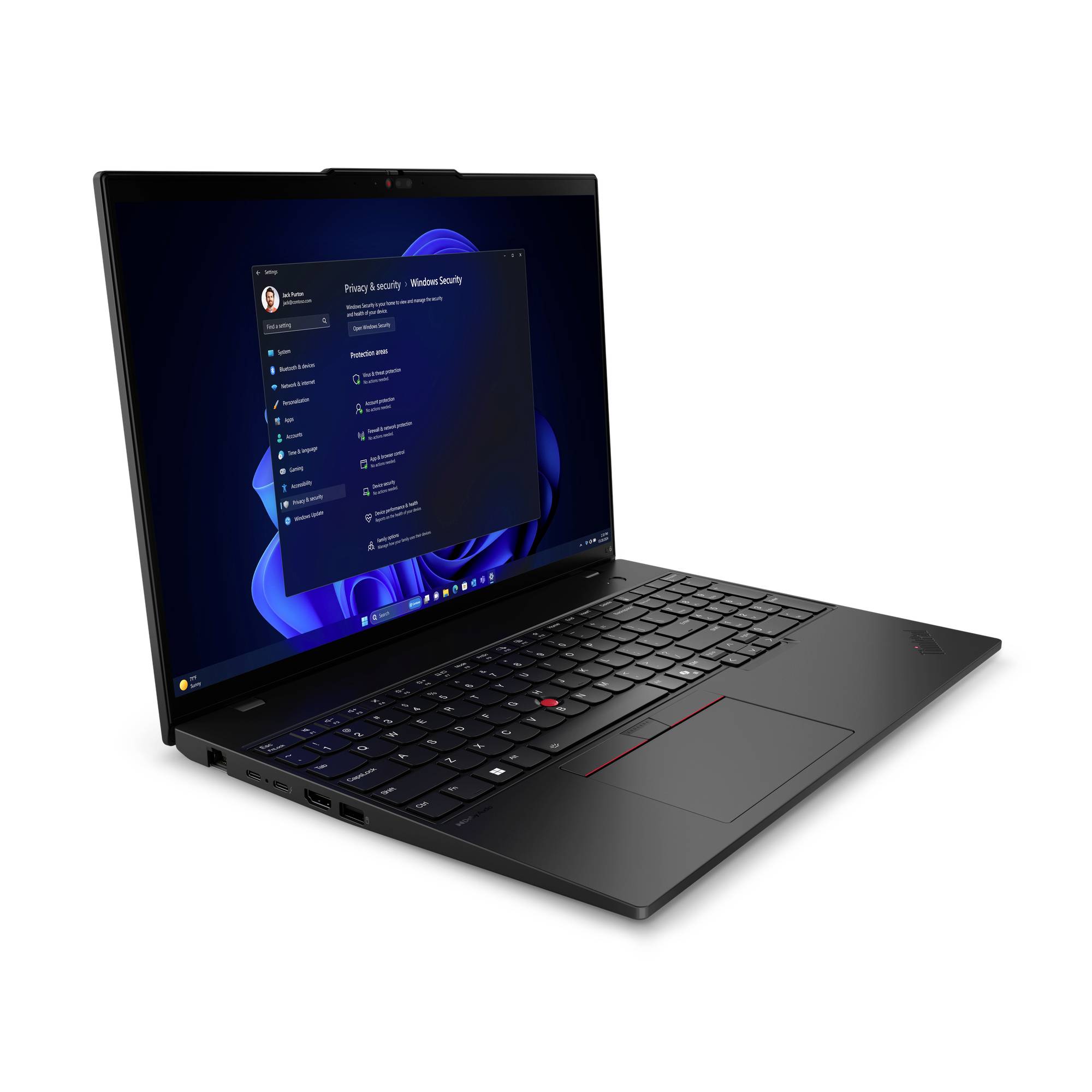 Ein schwarzer Laptop mit geöffneter Anzeige zeigt ein Windows-Betriebssystem. Auf dem Bildschirm sind Datenschutzeinstellungen sichtbar.