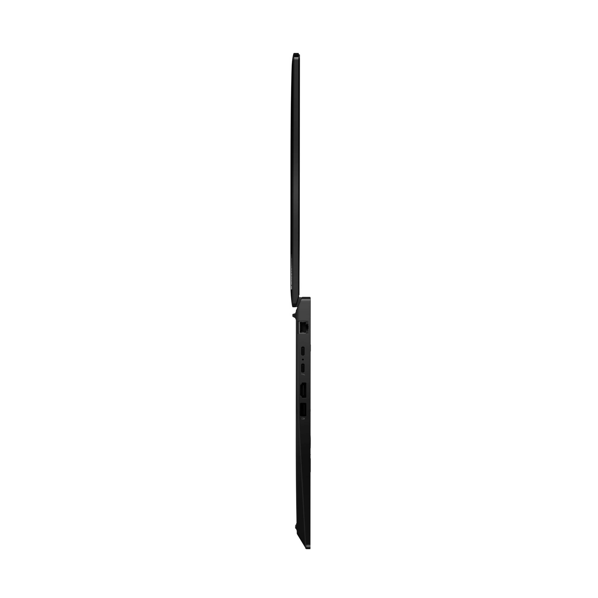 Laptop seitlich dargestellt, geöffnet mit sichtbaren Anschlüssen auf einer Seite.