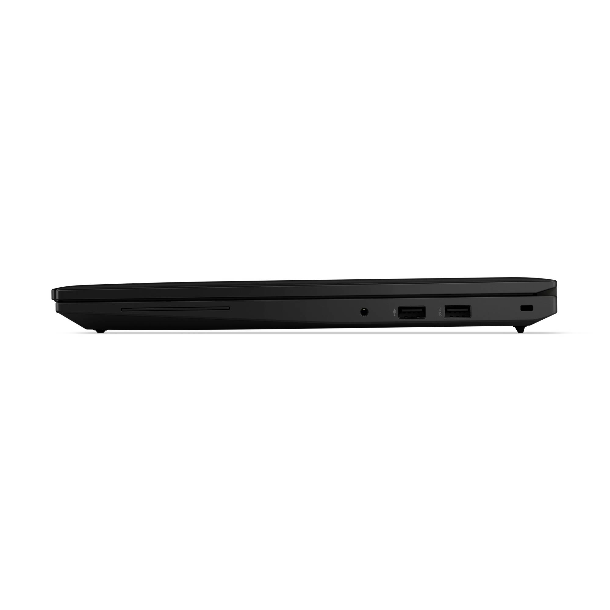 Ein schlanker, schwarzer Laptop von der Seite, zeigt zwei USB-Anschlüsse und einen Kopfhöreranschluss, darauf flacher Deckel.