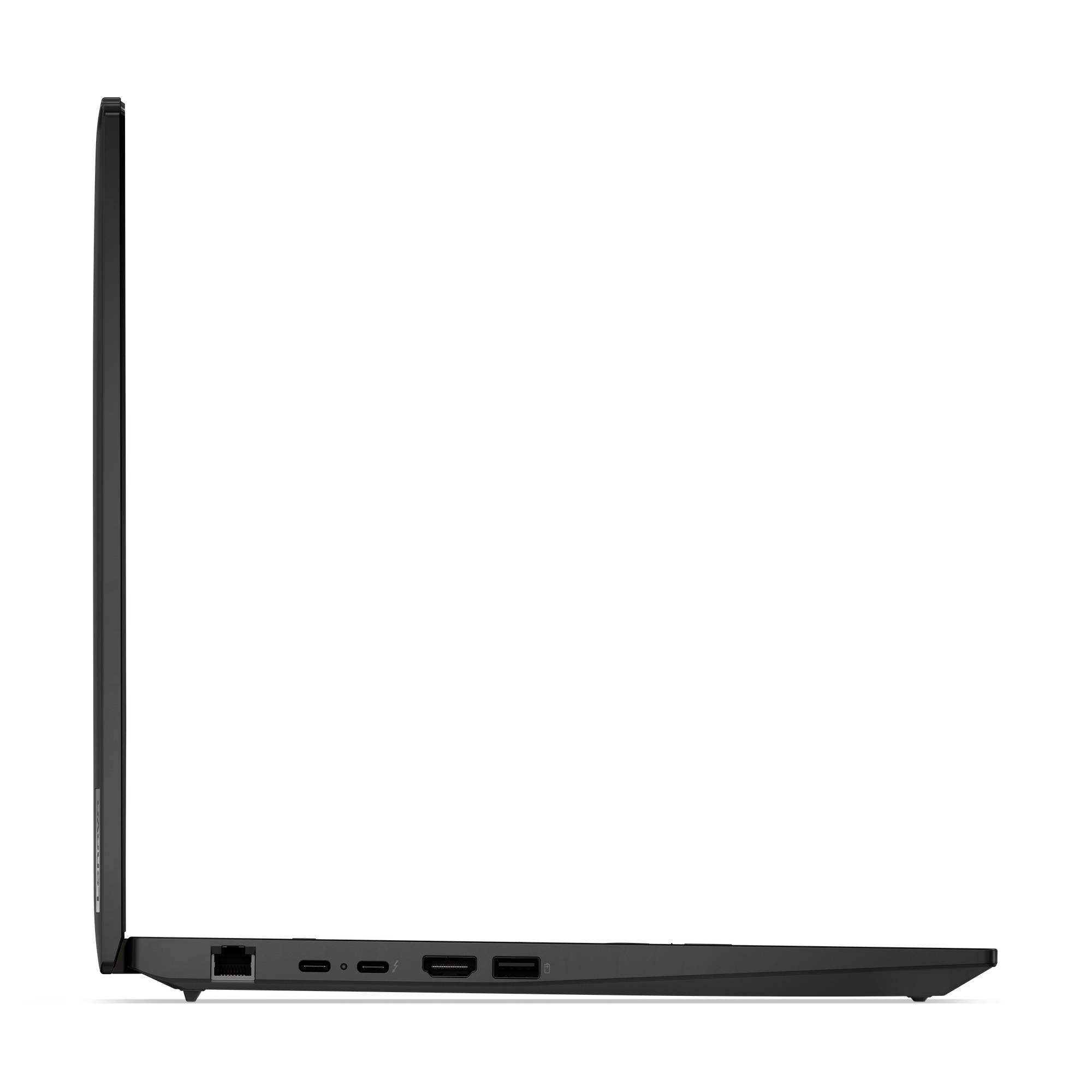 Ein seitlich gezeigter Laptop, der die schlanke Bauweise und verschiedene Anschlussmöglichkeiten auf der linken Seite hervorhebt.