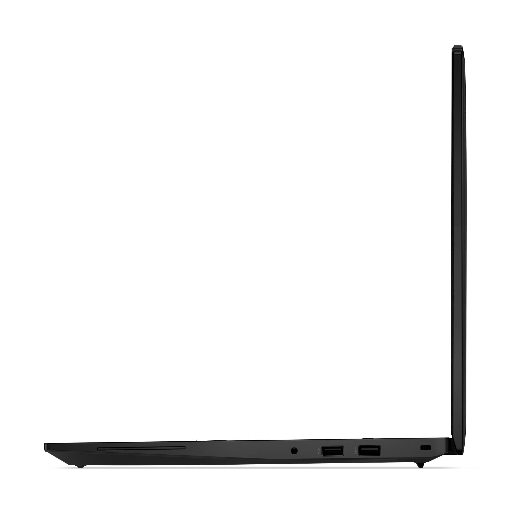 Ein seitliches Bild eines geöffneten Laptops, das die schlanke Bauweise und die Anschlussmöglichkeiten auf der rechten Seite zeigt.