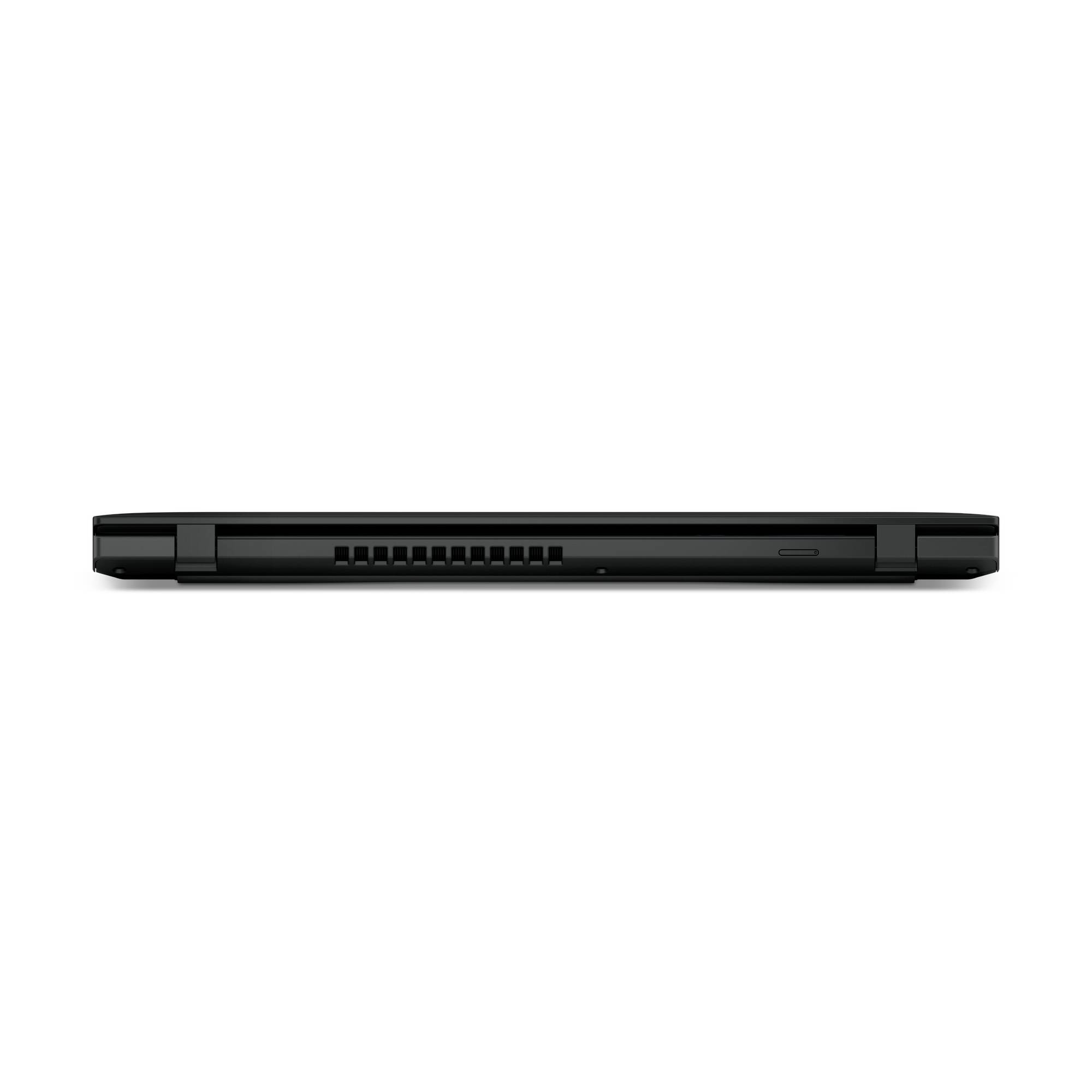 Geschlossener Laptop von der Seite, schwarz, zeigt Lüftungsschlitze in der Mitte.