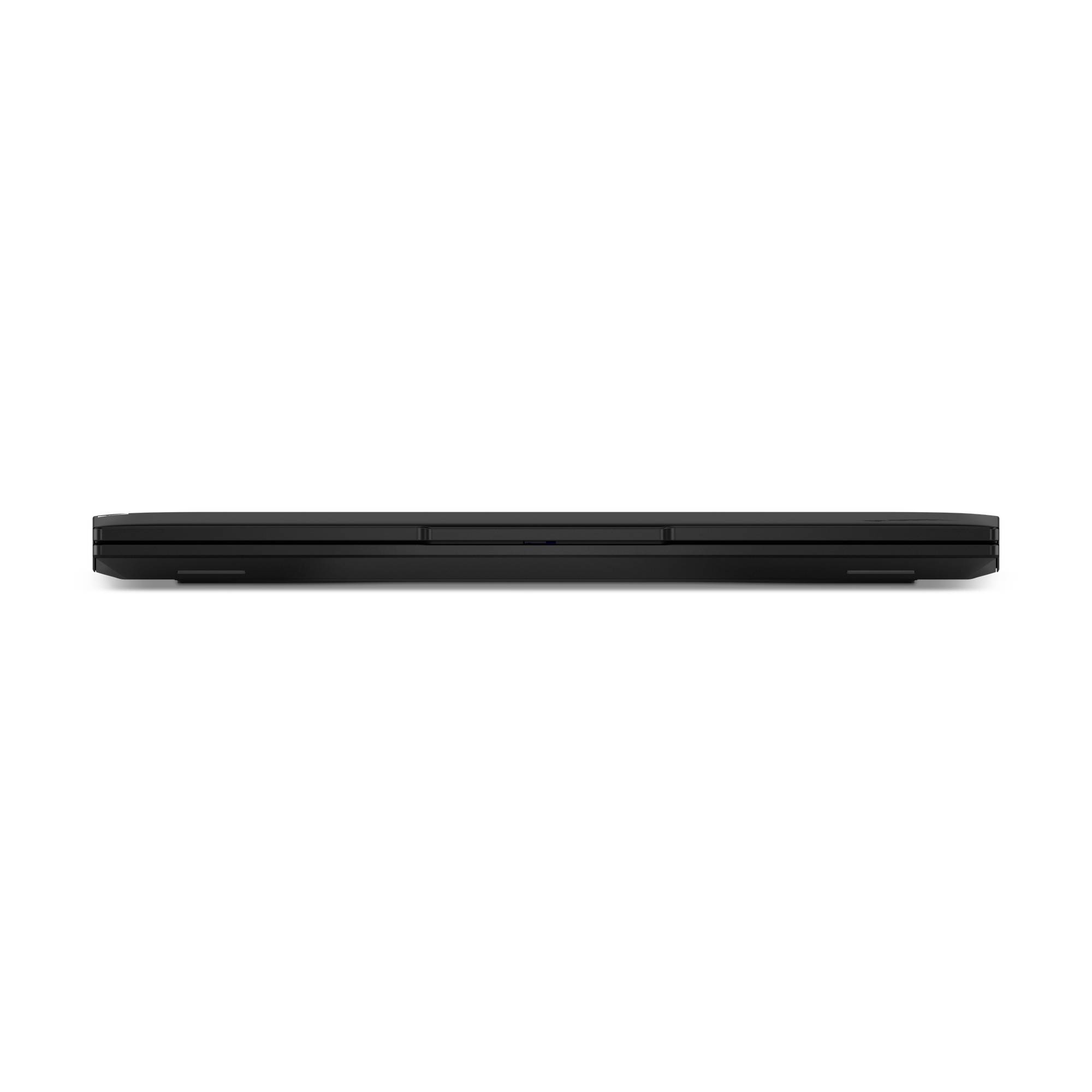 Geschlossener, schwarzer Laptop, seitliche Ansicht, minimalistisch gestaltet.