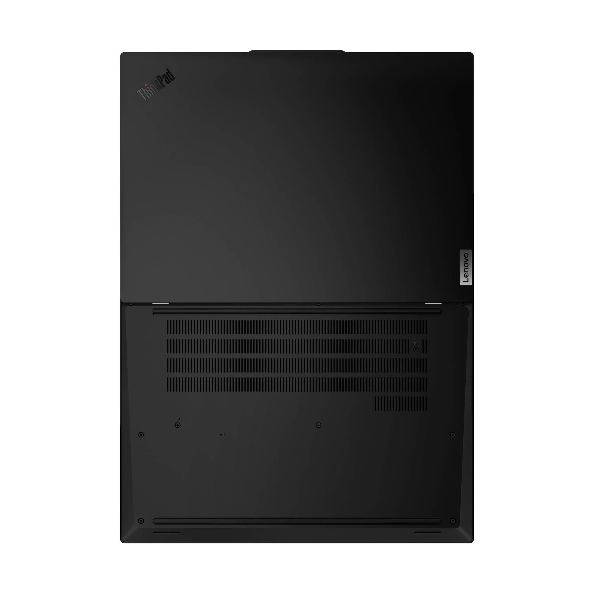 'Bild zeigt die Unterseite eines schwarzen Lenovo ThinkPad L15 Laptops, mit Lüftungsschlitzen und Markenlogos.'