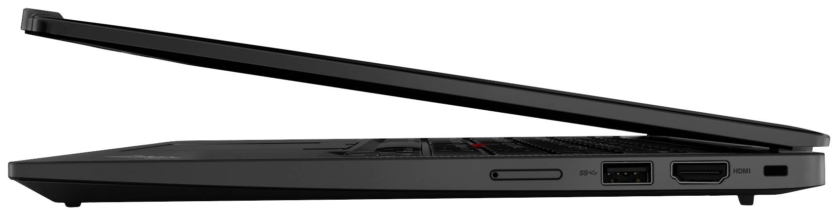 Ein Laptop seitlich, halb geöffnet. Sichtbar sind die Anschlüsse: USB, HDMI, und ein Speicherkartenslot.