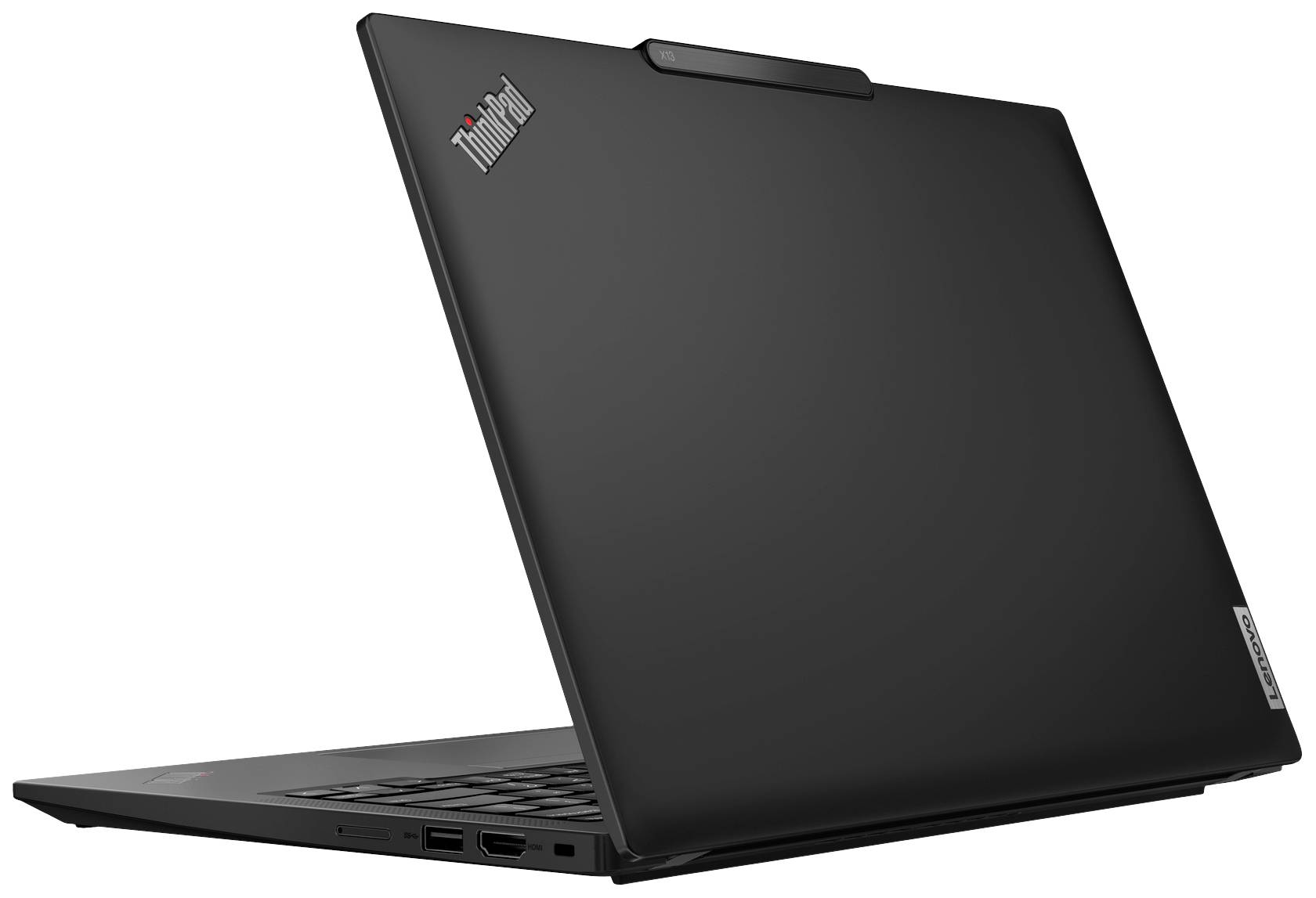 Ein schwarzer Laptop von der Seite, auf dem der Markenname in der Ecke zu sehen ist. Er hat mehrere Anschlüsse auf der linken Seite.