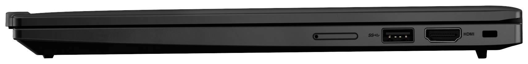 Ein seitlich geschlossener Laptop zeigt den USB-Anschluss, einen Ethernet-Port und einen erweiterten Schacht.