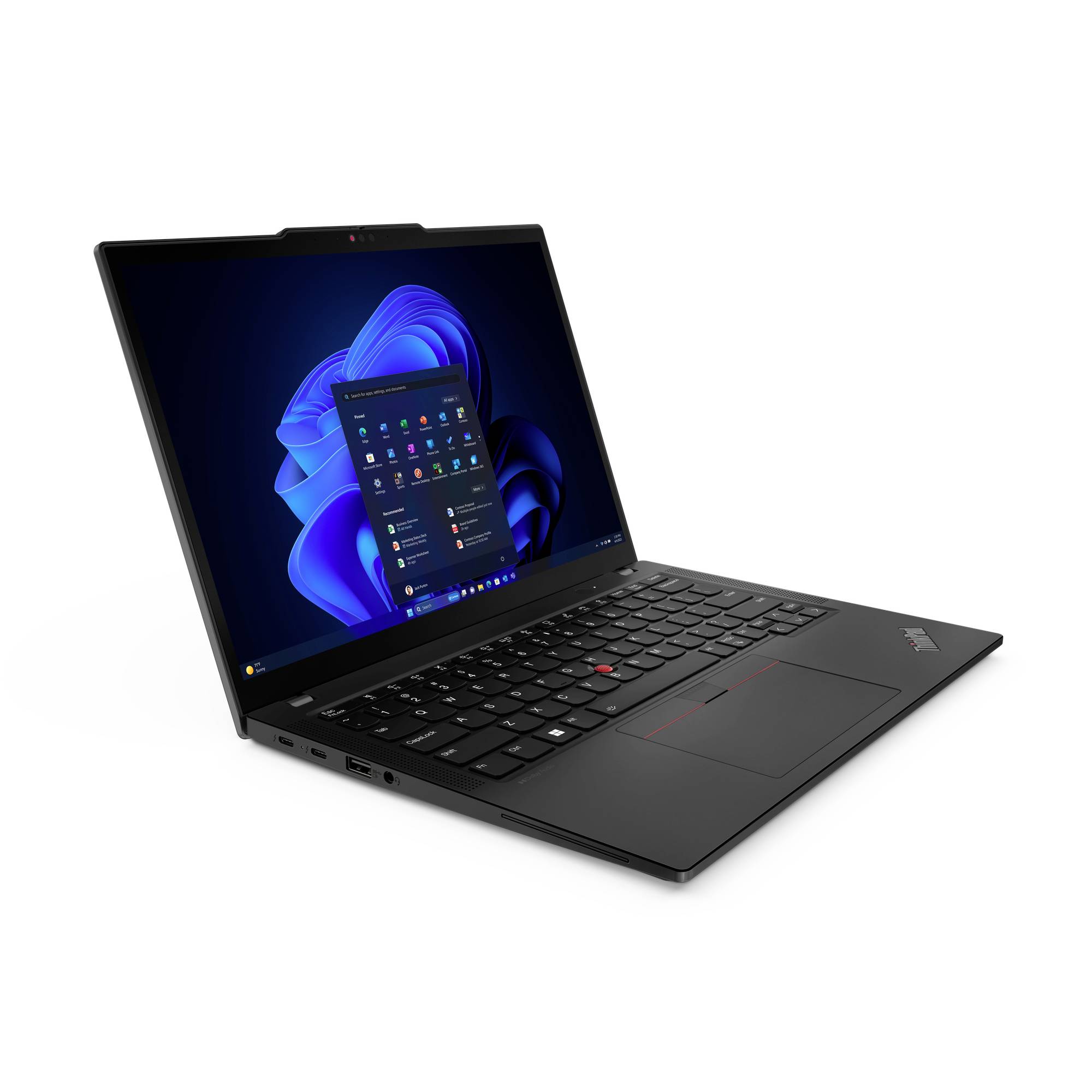 Ein schlanker Laptop mit geöffnetem Bildschirm zeigt den Windows 11 Startbildschirm. Tastatur und Trackpad sind sichtbar.