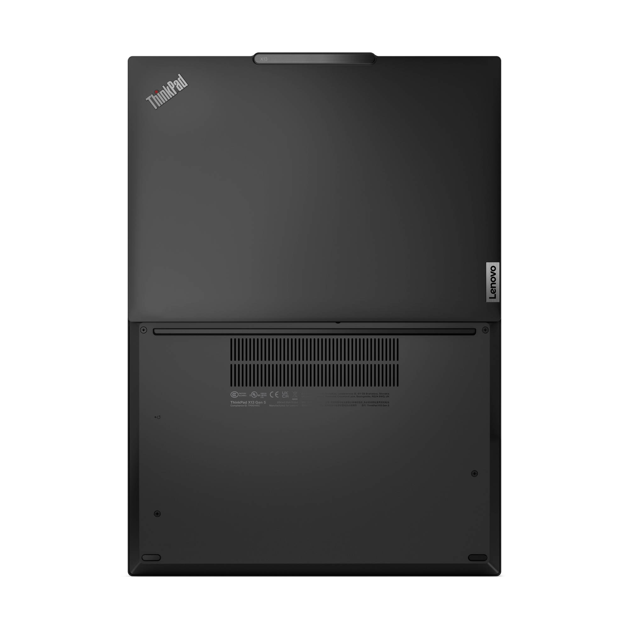 'Lenovo ThinkPad Laptop-Unterseite, schwarz, mit Lüftungsschlitzen und Logos. Minimalistisches Design ohne sichtbare Anschlüsse.'